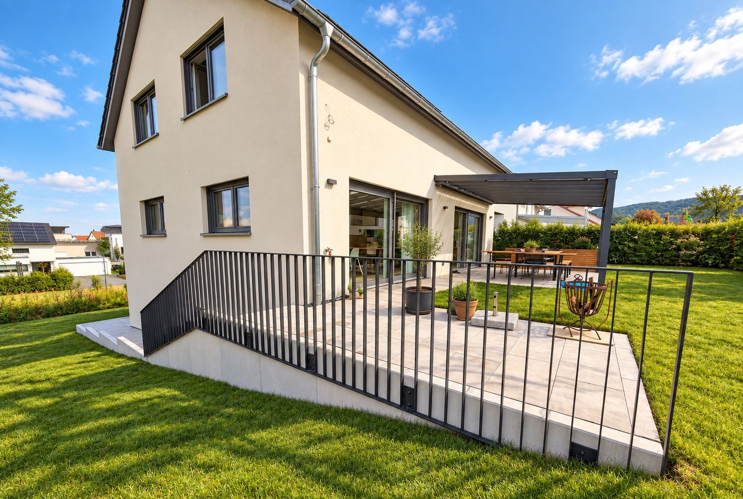 Edelstahlgeländer an Natursteintreppe von Metallbau Hantke